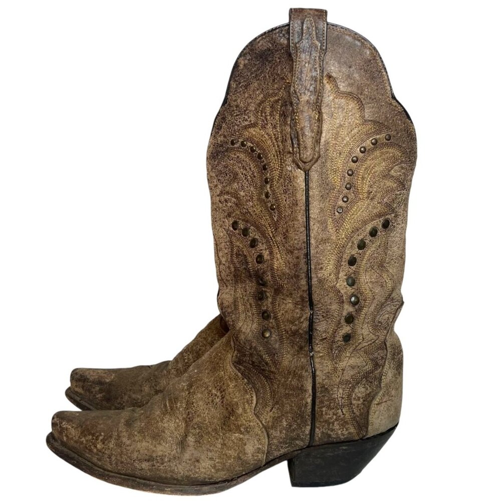 DAN POST Carisma Studded Boots 8 Snip Toe Studs Distressed Leather Luxe Cowboy